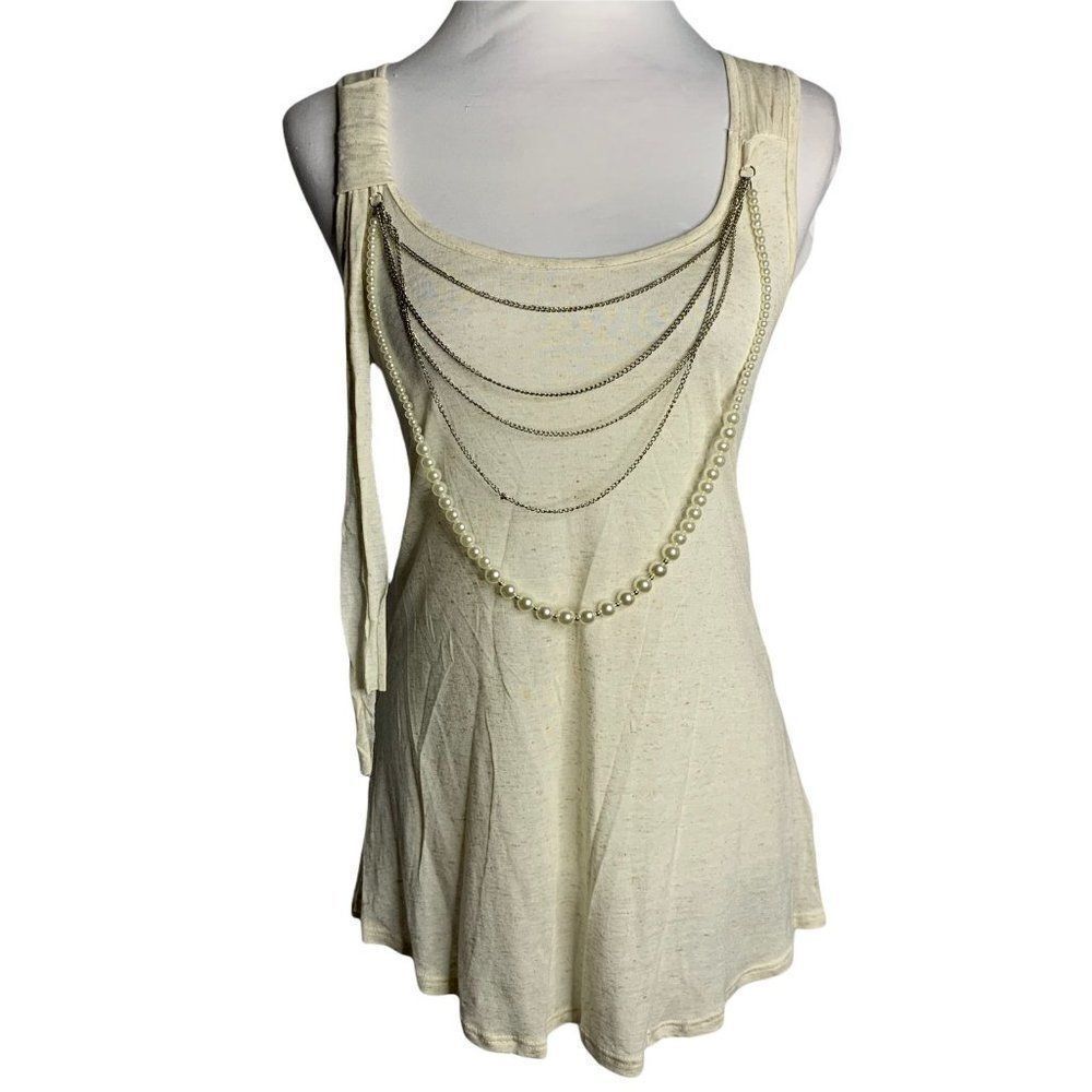 Vintage Y2K Beaded Tunic Tank Top S Heather Beige Sleeveless Chains Stretch Knit
